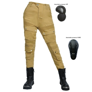 Women's Retro Motorcycle Riding Pants Cotton Blend Cargo Pants With Removable Protective Pads Slim Fit Biker Trousers Khaki
