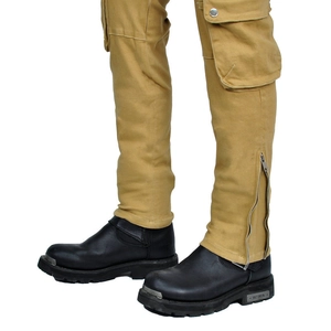 Detail view of khaki motorcycle cargo pants with large side pockets and zipper hem