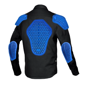 Chemise de protection moto noire avec armure en nid d'abeille bleue sur le dos et coudes