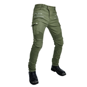 Men's army green motorcycle cargo pants with protective knee pleats and utility pockets