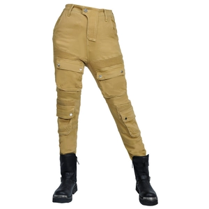 Detailed view of women's khaki biker pants with cargo pockets and protective ribbed knees