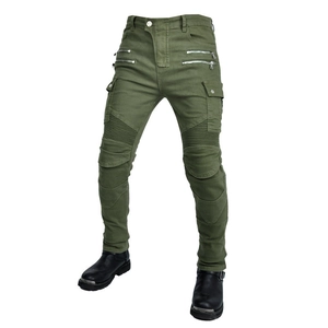 Slim-fit olive green motorcycle cargo pants with pleated knees and multi-zipper pockets