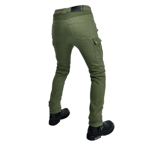 Military green motorcycle cargo pants with stretch panels and protective armor pockets
