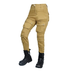 Women's slim-fit khaki motorcycle cargo pants with reinforced knee armor and pockets
