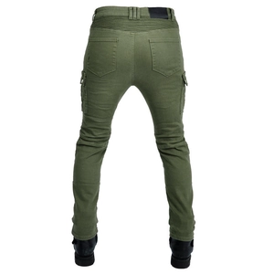 Army green motorcycle riding pants with stretch panels and tactical cargo pockets