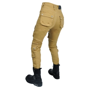 Women's khaki slim-fit motorcycle cargo pants with multi-pockets and protective design