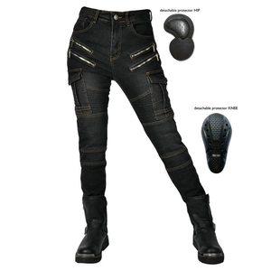 Women's Motorcycle Riding Jeans With Detachable Hip Knee Protective Pads Slim Fit Cotton Cargo Denim Cycling Pants