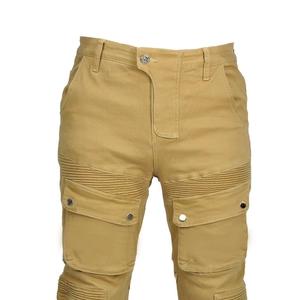 Detail of khaki motorcycle cargo pants with elastic pleated panels and side pockets