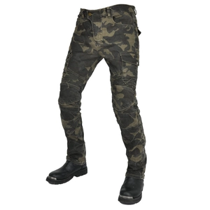 Detail of camouflage motorcycle pants featuring accordion stretch panels on the knees