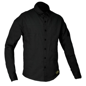 Detail of black moto shirt showing chest pockets, twill texture, and brand label