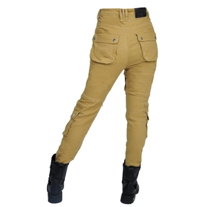 Women's khaki motorcycle cargo pants with multi-pockets and protective knee pleats