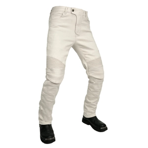 Jean de moto blanc cassé avec panneaux extensibles protecteurs et bottes de moto