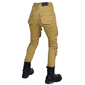 Detail of khaki slim-fit cargo biker pants with large flap pockets and a leather waist label