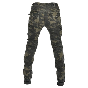 Rear view of camouflage motorcycle cargo pants featuring flexible accordion stretch panels