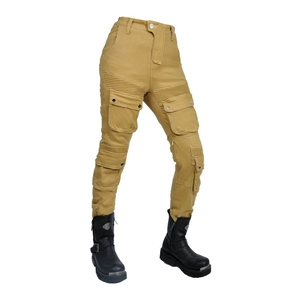 Women's khaki armored motorcycle cargo pants with stretch panels and multi-pockets