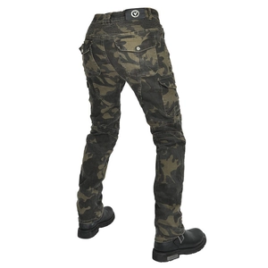Detail of camouflage motorcycle cargo pants with reinforced knees and functional pockets
