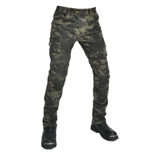 Detailed view of camouflage motorcycle pants featuring articulated knee pleats and side pockets