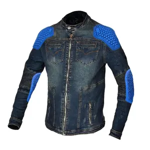 Deep blue motorcycle denim jacket with blue honeycomb protective armor and ribbed detail