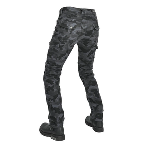 Detail view of camouflage motorcycle pants with protective knee pleats and tactical pockets