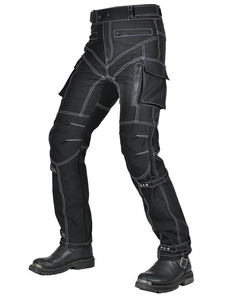 Black motorcycle protective pants with white contrast stitching and cargo pockets