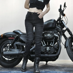 Women's slim fit motorcycle denim jeans with stretch accordion knee panels for riding