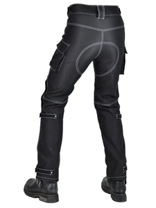 Waterproof motorcycle pants with white contrast stitching and cargo pockets in black