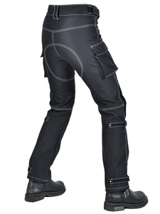 Waterproof motorcycle riding pants with contrast stitching and tactical cargo pockets