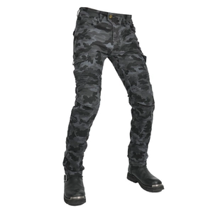 Detail of camouflage motorcycle pants featuring cargo pockets and reinforced knee panels