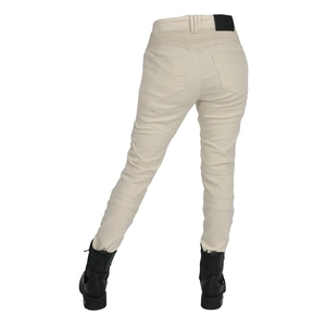 Detail der Akkordeon-Stretch-Einsätze an Taille und Knie der beigen Motorradjeans