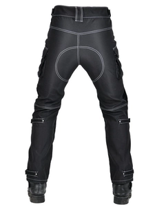 Waterproof motorcycle riding pants with white contrast stitching and protective pockets