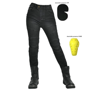 Women's motorcycle jeans detail showing elastic knee pleats and removable armor pads