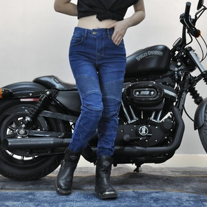Retro slim-fit stretch motorcycle jeans for women with protective accordion knee panels