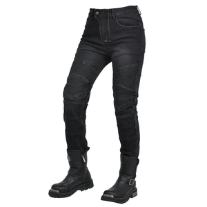 Detail of protective motorcycle jeans featuring ribbed stretch panels and bronze waist button