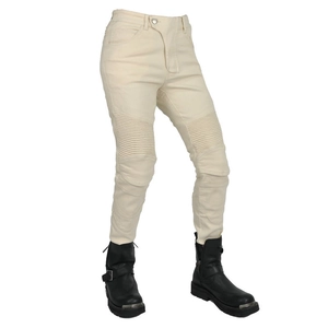 Detail der cremeweißen Bikerhose mit Akkordeon-Rippeinsätzen an den Knien für Damen