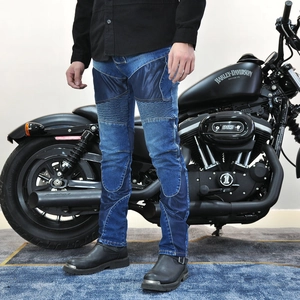 Men's motorcycle jeans featuring knee armor and accordion stretch panels in dark blue