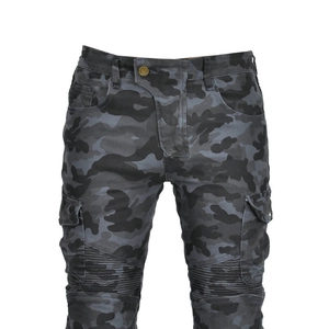 Detailed view of camouflage motorcycle pants featuring reinforced knee pleats and cargo pockets