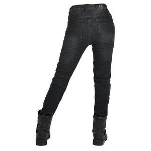 Detail of female motorcycle jeans featuring accordion stretch panels and protective seams