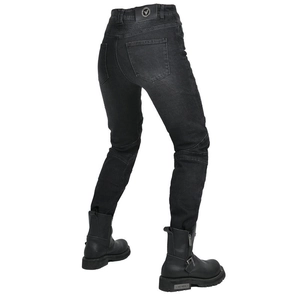 Women's black stretch motorcycle jeans with protective accordion ribbing and leather label