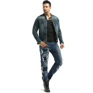 Retro washed blue motorcycle denim jacket with protective arm pleats and cargo pockets