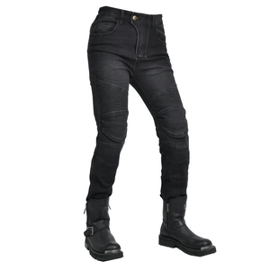 Women's black protective motorcycle jeans with stretch knee panels and casual biker style
