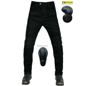 Pantaloni da moto neri con protezioni rimovibili certificate CE su ginocchia e fianchi