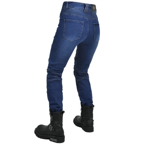 Detail of dark blue motorcycle jeans with stretch accordion panels on the back and knees