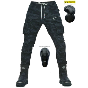 Pantaloni cargo moto uomo mimetici con protezioni certificate CE e stivali