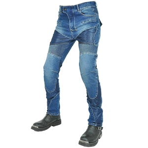 Detail view of motorcycle jeans featuring accordion stretch panels at the knees and reinforced seams