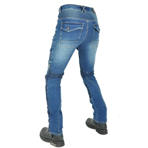 Detail of motorcycle jeans showing elastic accordion panels and durable denim fabric