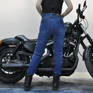 Women's vintage stretch motorcycle jeans with accordion panels for riding flexibility