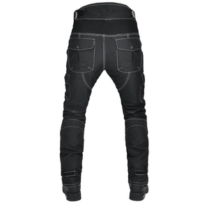 Pantalon de moto noir avec coutures blanches contrastées et genouillères de protection