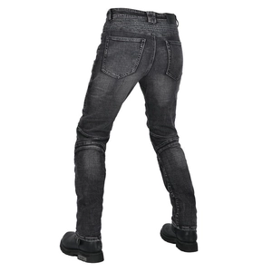 Men's vintage washed motorcycle jeans with protective pads and stretch accordion panels