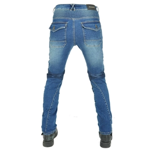 Rear view of blue motorcycle jeans with protective knee pleats and reinforced pockets