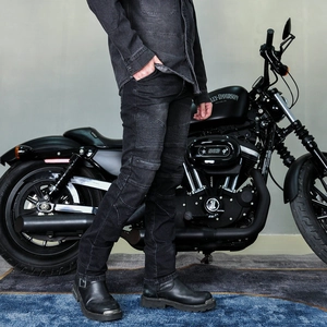 Jean de moto noir coupe slim pour hommes et femmes avec plis accordéon protecteurs aux genoux